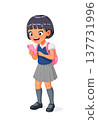 Happy young Asian school girl looking excitedly at her mobile phone. Cartoon vector illustration. 137731996