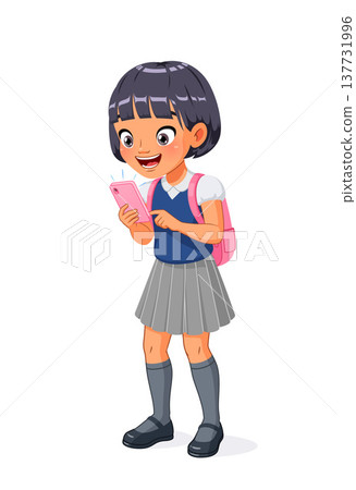 Happy young Asian school girl looking excitedly at her mobile phone. Cartoon vector illustration. Happy young Asian school girl looking excitedly at her mobile phone. Cartoon vector illustration. 137731996
