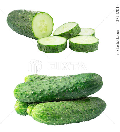 Set of fresh green cucumbers, whole and sliced, isolated on white background. 137732013