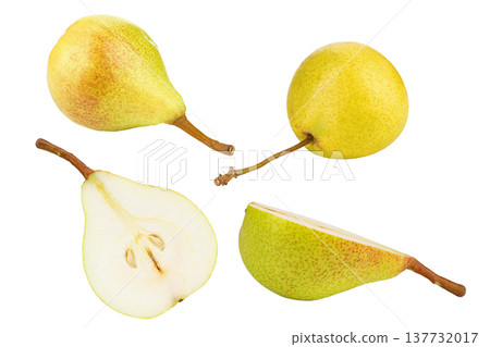 Set of fresh ripe green yellow pears, whole and sliced, isolated on white background. 137732017
