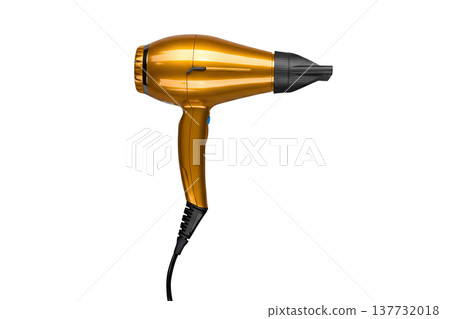 Professional golden hair dryer with concentrator nozzle isolated on white background. 137732018