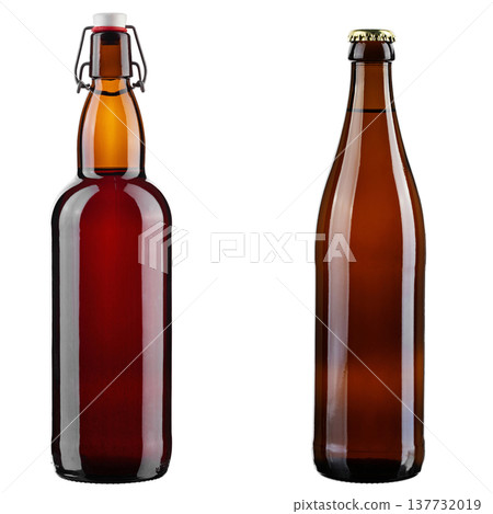 Two brown glass beer bottles with swing top and crown cap isolated on white background. Two brown glass beer bottles with swing top and crown cap isolated on white background. 137732019