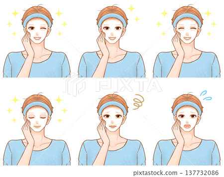 A set of illustrations of an adult man using a face mask as part of his skincare routine. A set of illustrations of an adult man using a face mask as part of his skincare routine. 137732086