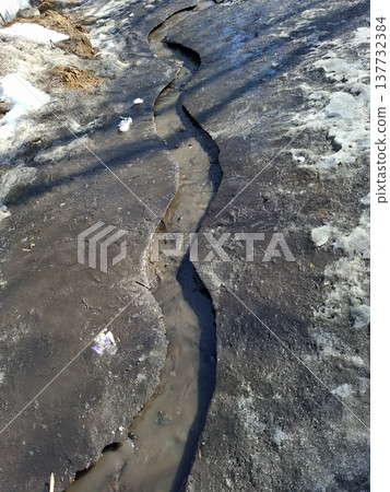Water from the spring stream winds through melting ice as it moves along the ground. The scene shows the change of season as the ice breaks away and reveals flowing water. Water from the spring stream winds through melting ice as it moves along the ground. The scene shows the change of season as the ice breaks away and reveals flowing water. 137732384