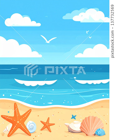 一幅以向量風格描繪的寧靜海灘，清爽的夏日微風吹拂而過。 137732569