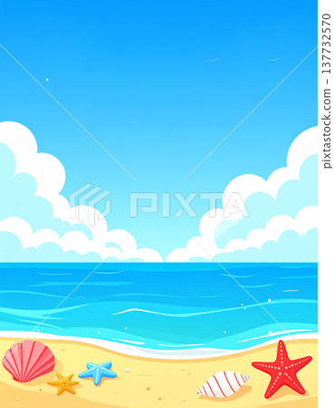 一幅以向量風格描繪的寧靜海灘，清爽的夏日微風吹拂而過。 137732570