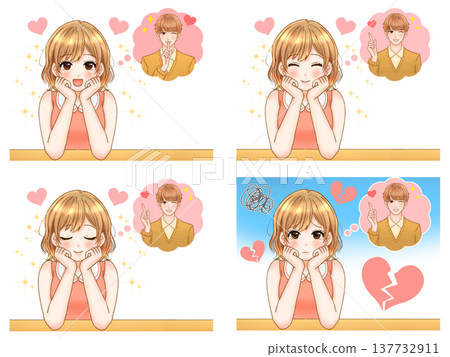 A set of anime-style illustrations of a girl who has a crush on a handsome boy. A set of anime-style illustrations of a girl who has a crush on a handsome boy. 137732911