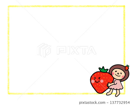 A frame featuring a cute girl with a bob haircut holding a big strawberry. A frame featuring a cute girl with a bob haircut holding a big strawberry. 137732954