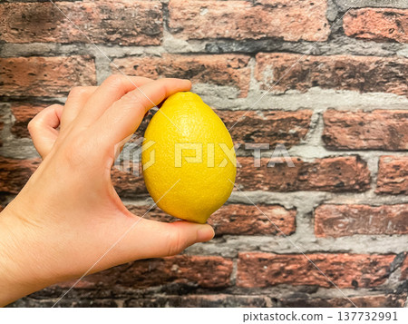 A hand holding a yellow lemon. Fresh citrus fruit. A hand holding a yellow lemon. Fresh citrus fruit. 137732991