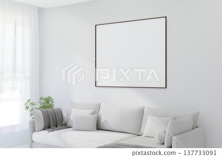 A Horizontal Thin Frame Mockup on Light Wall in Modern Interior. 3D Render. 137733091