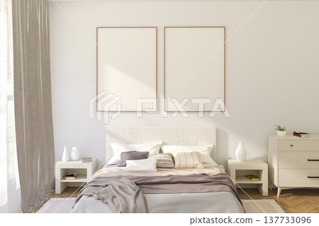 Double Thin Vertical Wooden Frame Mockup with Minimalist Design on Light Wall. 3D render. Double Thin Vertical Wooden Frame Mockup with Minimalist Design on Light Wall. 3D render. 137733096