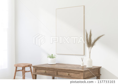 Thin Vertical Wooden Frame Mockup with Minimalist Design on Light Wall. 3D render. Thin Vertical Wooden Frame Mockup with Minimalist Design on Light Wall. 3D render. 137733103