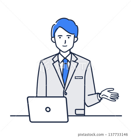 A man using a PC to explain something at a business meeting - Presentation/Meeting Illustration A man using a PC to explain something at a business meeting - Presentation/Meeting Illustration 137733146