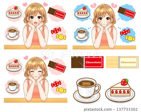 一組動漫風格的插圖,描繪了一個女孩在節食期間想著甜食的情景。 一組動漫風格的插圖,描繪了一個女孩在節食期間想著甜食的情景。 137733302