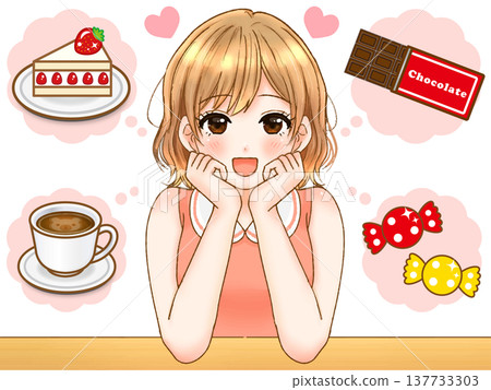 一幅動漫風格的插畫,描繪了一個正在節食的女孩想著甜食。 一幅動漫風格的插畫,描繪了一個正在節食的女孩想著甜食。 137733303