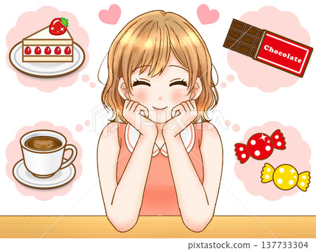 動漫風格插畫素材2：一個女孩在節食期間想著甜食 137733304