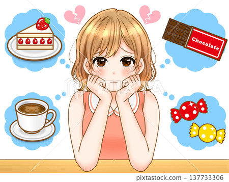 動漫風格插畫素材3：一個女孩在節食期間想著甜食 137733306