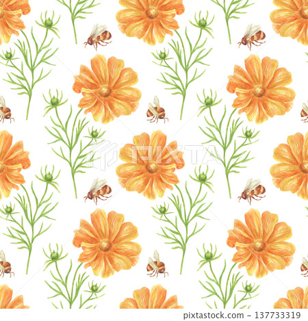 Watercolor seamless pattern with wild orange flowers and bees. Hand-drawn summer floral pattern. Background for textiles, wallpaper, and wrapping paper. Honey bees in a flower meadow. Watercolor seamless pattern with wild orange flowers and bees. Hand-drawn summer floral pattern. Background for textiles, wallpaper, and wrapping paper. Honey bees in a flower meadow. 137733319