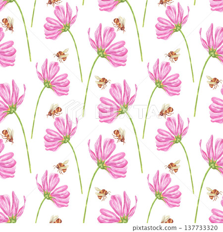 Watercolor seamless pattern with wild pink flowers and flying bees. Summer botanical print for fabric, wrapping paper, wallpaper, and decor. Floral summer pattern with bumblebees. Watercolor seamless pattern with wild pink flowers and flying bees. Summer botanical print for fabric, wrapping paper, wallpaper, and decor. Floral summer pattern with bumblebees. 137733320