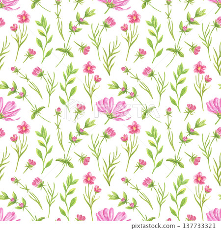 Seamless pattern with watercolor pink flowers and green leaves. Botanical illustration of blooming meadow plants. Decorative textile print design for greeting card or spring background. 137733321