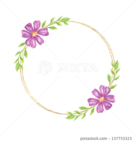 Watercolor wreath with purple flower and green leaf on golden circular border. Floral frame decorative element for wedding invitation, greeting card and botanical design composition. Watercolor wreath with purple flower and green leaf on golden circular border. Floral frame decorative element for wedding invitation, greeting card and botanical design composition. 137733323
