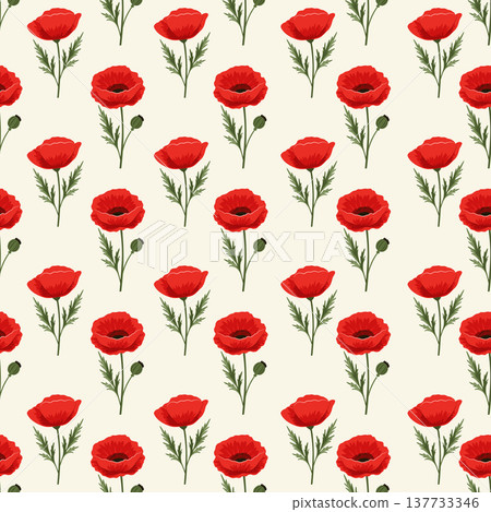 Seamless pattern of bright red poppy flowers with green stems on a light beige background Seamless pattern of bright red poppy flowers with green stems on a light beige background 137733346