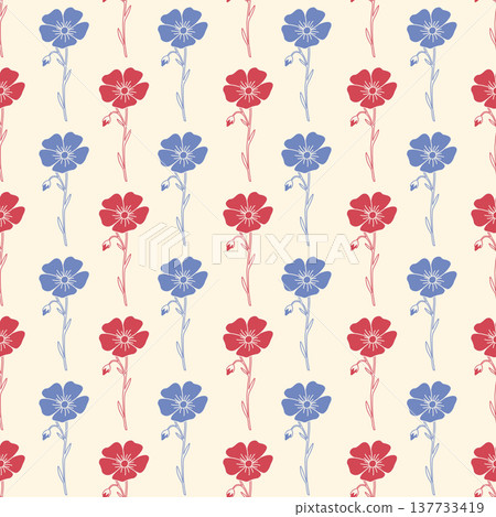 Seamless pattern with vertical rows of blue and red flax flowers on beige background Seamless pattern with vertical rows of blue and red flax flowers on beige background 137733419