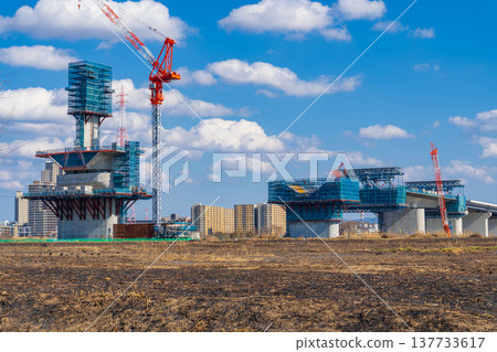 Osaka Prefecture: Site of the Udono reed burning and the construction of the cable-stayed bridge tower on the right bank of the Yodo River, part of the Shin-Meishin Expressway, February 2026. Osaka Prefecture: Site of the Udono reed burning and the construction of the cable-stayed bridge tower on the right bank of the Yodo River, part of the Shin-Meishin Expressway, February 2026. 137733617