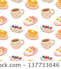 Breakfast seamless pattern with pancake, fried egg, bacon and coffee cup 137733646