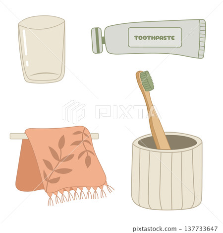 Personal hygiene set with bamboo toothbrush, toothpaste and towel Personal hygiene set with bamboo toothbrush, toothpaste and towel 137733647