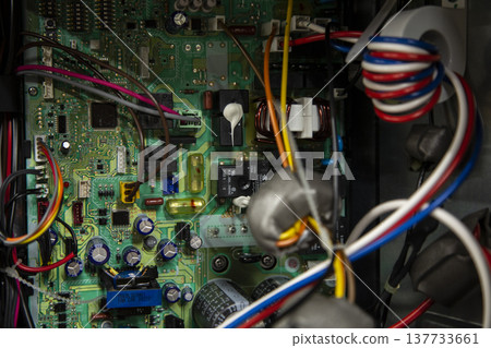 Electronic circuit boards with complex wiring and densely packed electronic components: the internal structure of industrial technology 137733661