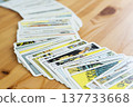 An image of tarot cards spread out on a table, depicting a scene of fortune-telling or horoscope reading. 137733668