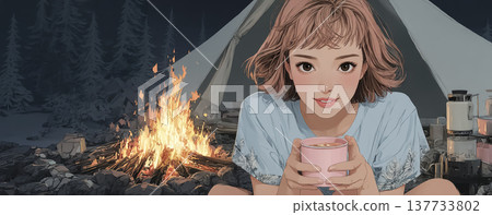 艾米系列：一位粉紅色頭髮的年輕女子在篝火旁手捧一杯熱飲。艾米系列露營插畫素材。 137733802