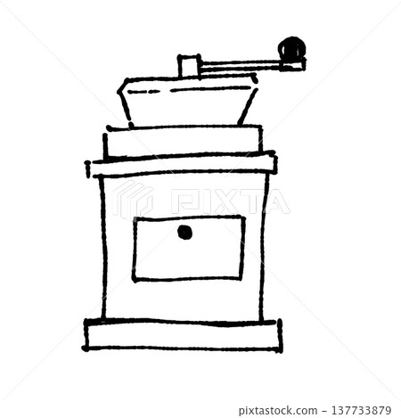 A monochrome, hand-drawn style illustration of a coffee grinder. 137733879