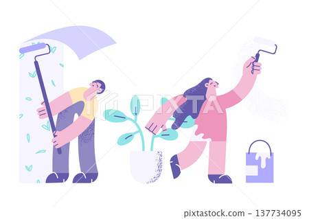 Happy couple redecorate home interior together Happy couple redecorate home interior together 137734095