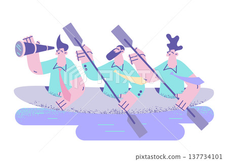 Employees sail in boat motivated for shared result Employees sail in boat motivated for shared result 137734101