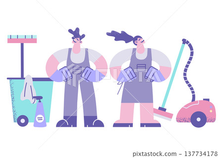 Smiling cleaners with tools and detergents 137734178