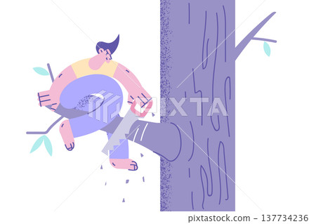 Man sit on tree saw branch risk to fall 137734236