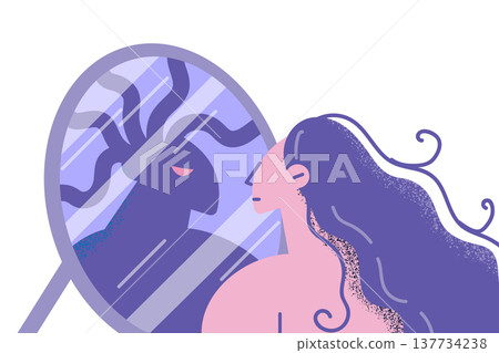 Woman look in mirror see shadow evil reflection Woman look in mirror see shadow evil reflection 137734238