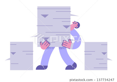 Exhausted businessman carry stack of paperwork documents 137734247
