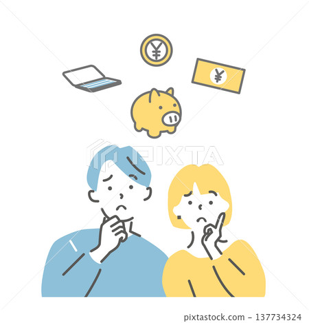 一幅描繪一對夫婦為錢煩惱的插圖。 137734324