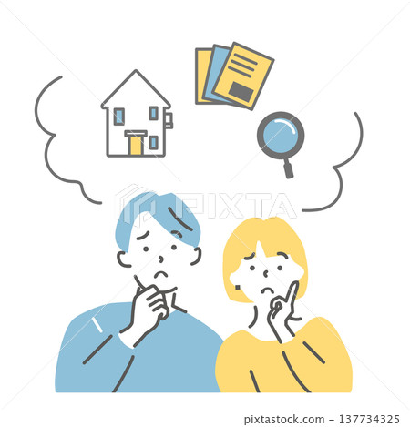 An illustration of a couple worrying and thinking about their housing plan. An illustration of a couple worrying and thinking about their housing plan. 137734325