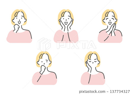 一組描繪女性情緒的插畫：喜悅、憤怒、悲傷、幸福、微笑、憤怒和痛苦。 137734327