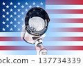 Security camera flag USA. Security camera on the textured wall with painted United States of America flag. Conceptual relation policy with neighbors. 137734339