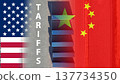 USA China Tariffs. Shipping containers on the background of the flags of the USA and China. Trade war and duties. Import tariffs 137734350