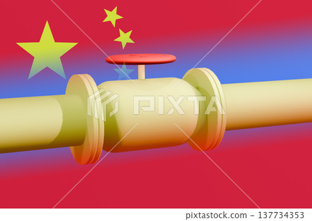 A gas pipe on the background of the Chinese flag, the concept of natural gas supplies to China. China pipeline valve A gas pipe on the background of the Chinese flag, the concept of natural gas supplies to China. China pipeline valve 137734353