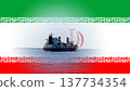 a container ship at sea against the background of the Iranian flag, a concept of logistics and global trade, Iranian cargo ship 137734354