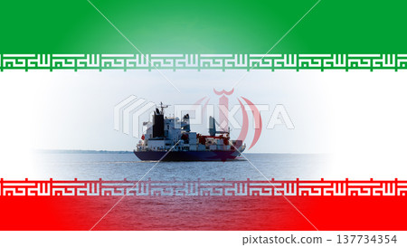 a container ship at sea against the background of the Iranian flag, a concept of logistics and global trade, Iranian cargo ship 137734354
