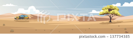 Horizontal or Landscape view of race rally car on the desert field. 137734385