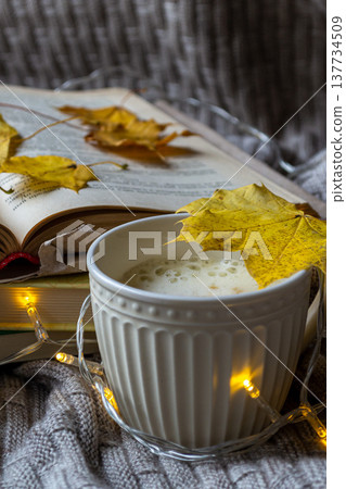 A cup of hot coffee a stack of books and yellow maple leaves on a knitted plaid A cup of hot coffee a stack of books and yellow maple leaves on a knitted plaid 137734509